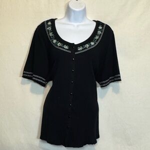 G 65  Denim & Company PLUS SIZE 2X Black‎ with Floral Embroidered Trim Blouse